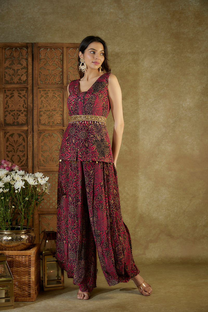 Pink Printed Top, Pleated Dhoti Pants And Belt Set