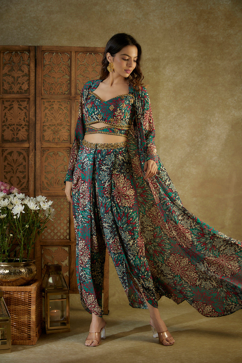 Green Printed Choli, Dhoti And Jacket Set With Embroidery