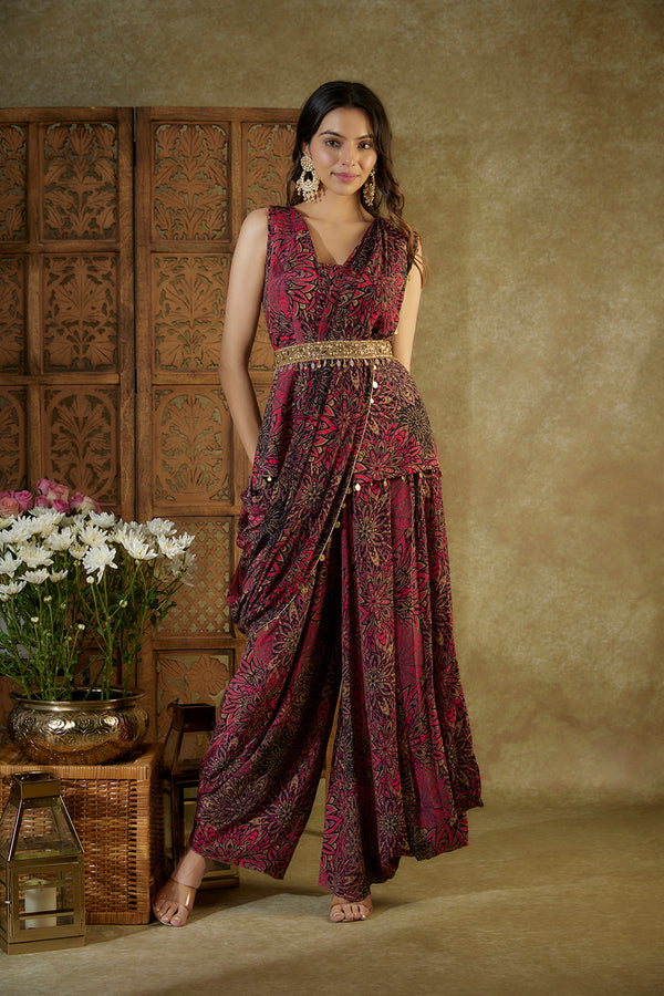 Pink Printed Top, Pleated Dhoti Pants, Pre Pleated Drape And Belt Set