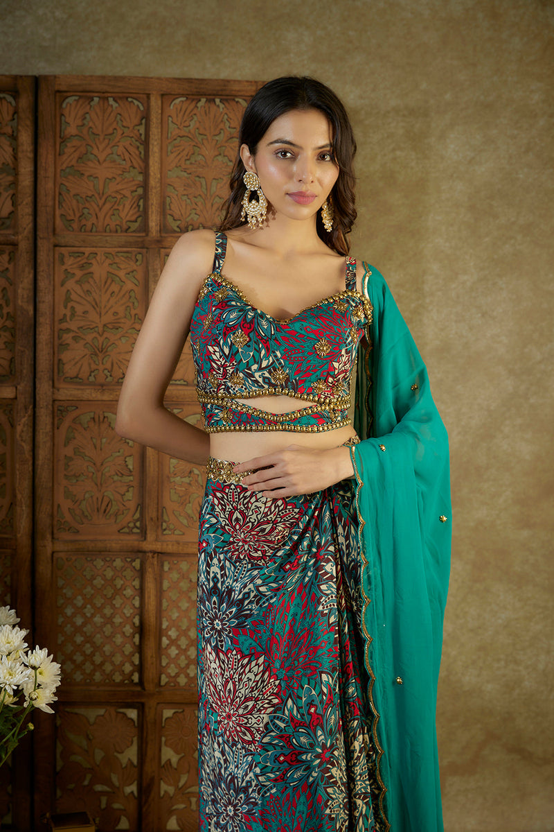Green Printed Choli, Draped Skirt And Dupatta Set