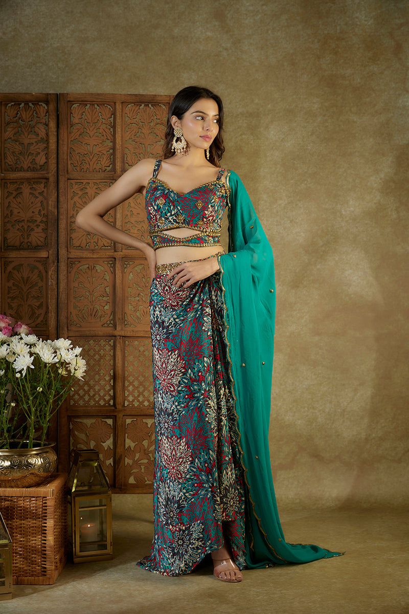 Green Printed Choli, Draped Skirt And Dupatta Set