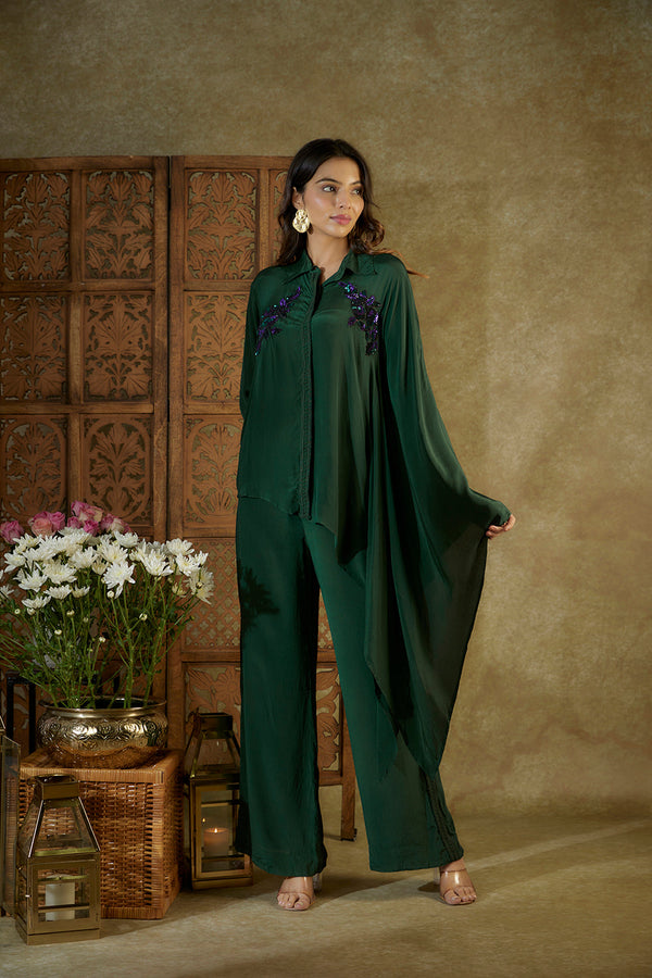 Forest Green Embroidered One Side Kaftan Sleeves Shirt And Pants Set