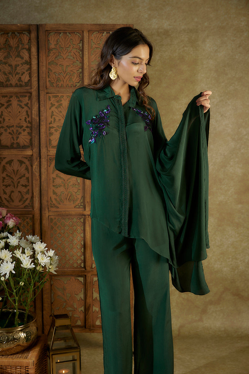 Forest Green Embroidered One Side Kaftan Sleeves Shirt And Pants Set
