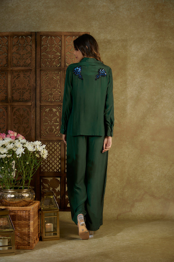 Forest Green Embroidered Crop Shirt With Cargo Pants