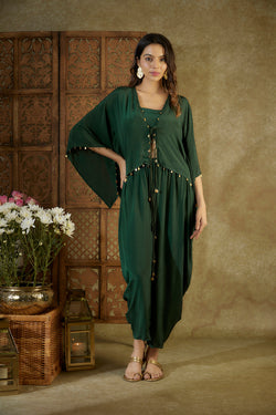Forest Green Kaftan Top, Bustier And Dhoti Set