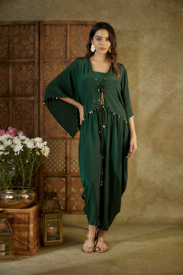 Forest Green Kaftan Top, Bustier And Dhoti Set