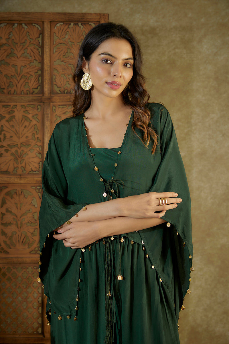 Forest Green Kaftan Top, Bustier And Dhoti Set