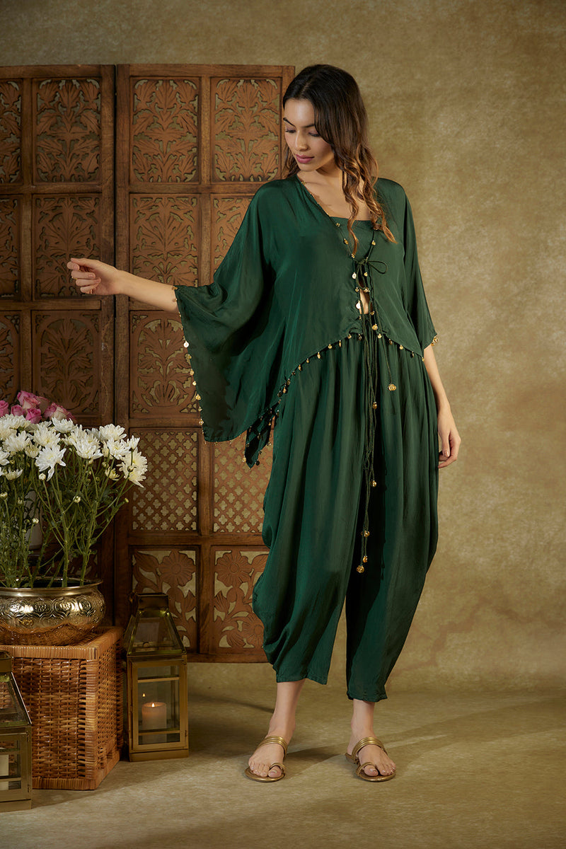 Forest Green Kaftan Top, Bustier And Dhoti Set