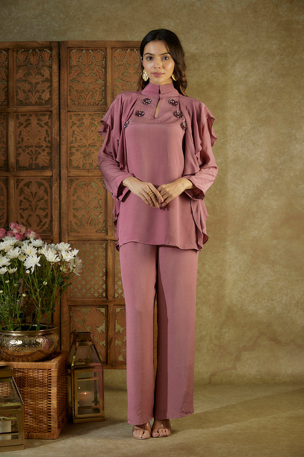 Rose Pink Ruffle Top And Pants Co Ord Set With Embroidery