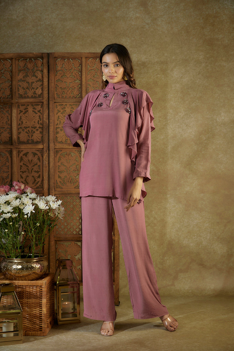 Rose Pink Ruffle Top And Pants Co Ord Set With Embroidery