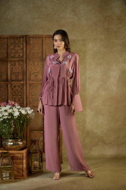 Rose Pink Tie Up Co Ord Set With Feather Detailing