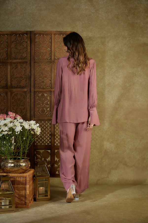 Rose Pink Tie Up Co Ord Set With Feather Detailing