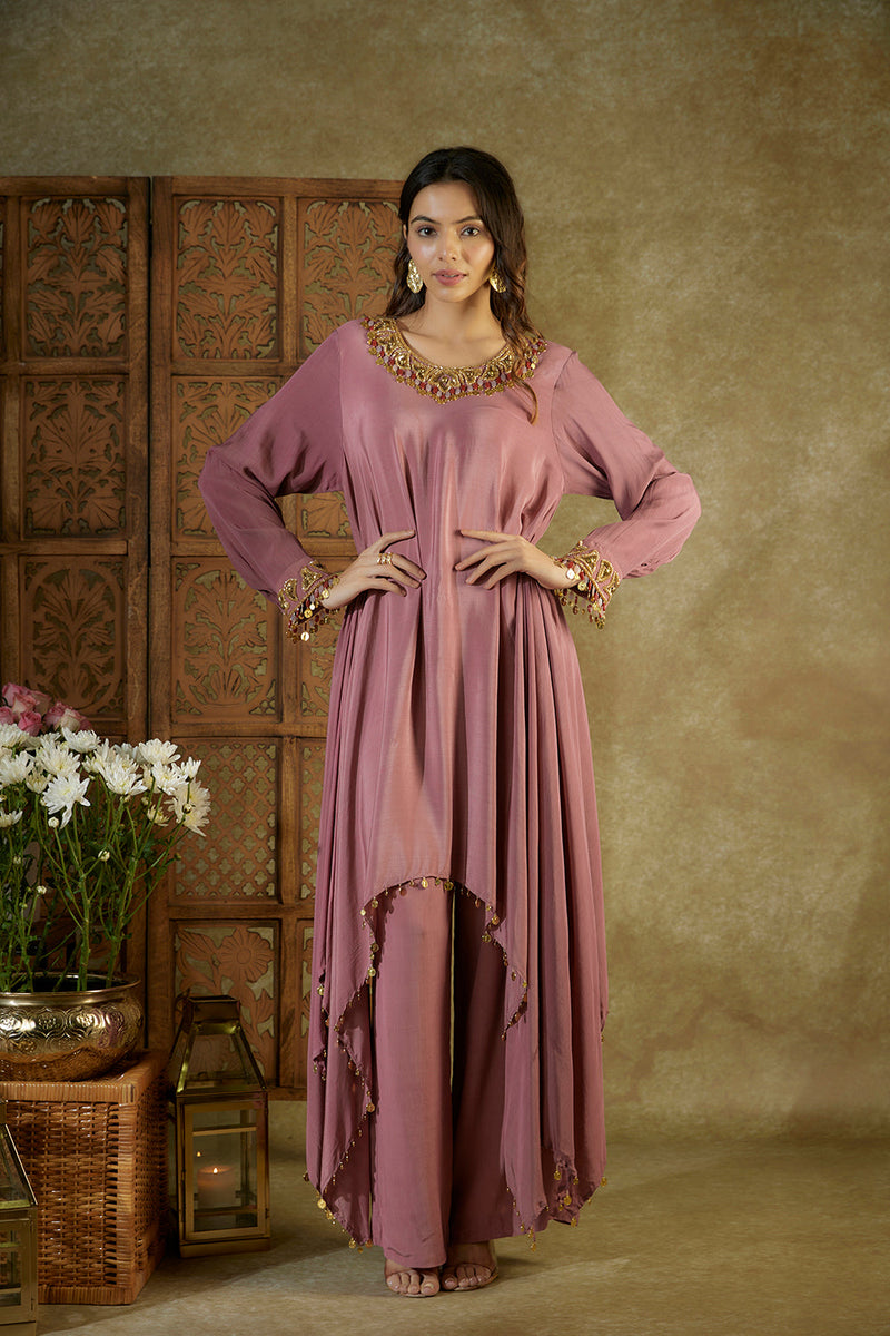 Rose Pink Embroidered Asymmetrical Kurta And Pants Set