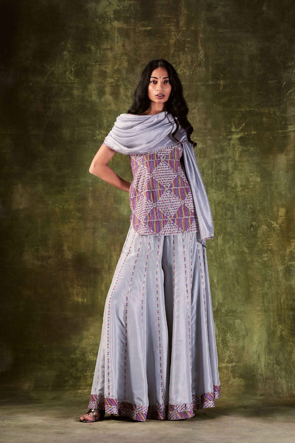 Grey Heavy Emroidered Kurti With Sharara & Dupatta.