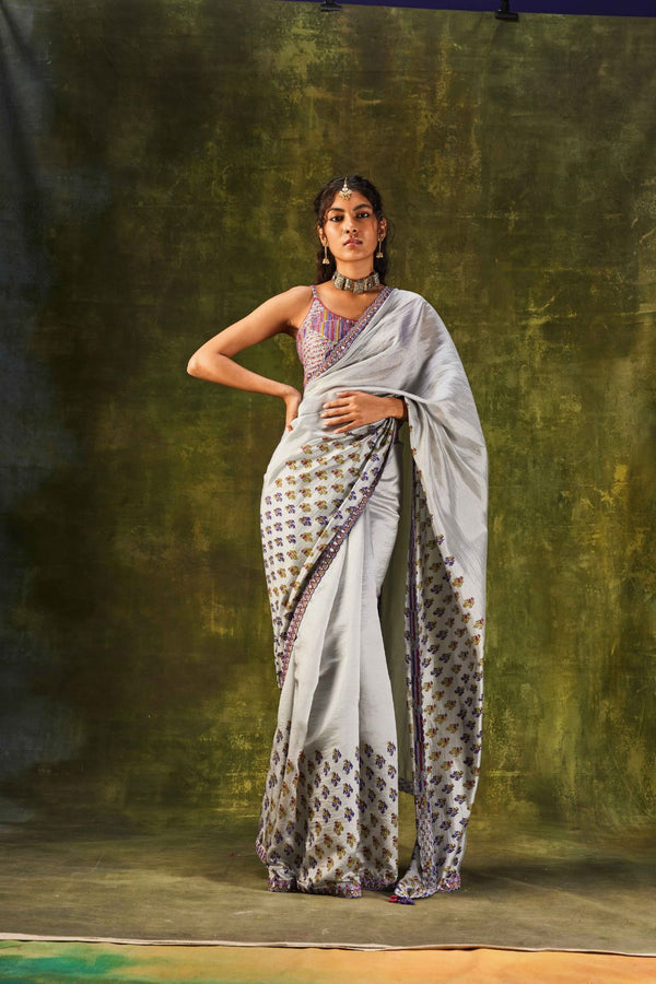 Grey Printed Cutwork Saree With Strappy Blouse