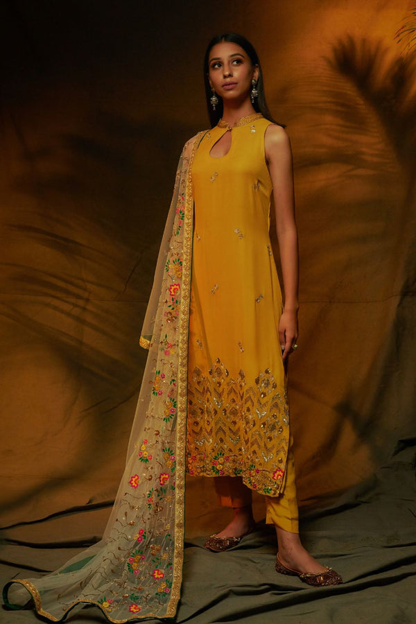 Mustard Yellow Shirt with embroided Duppata