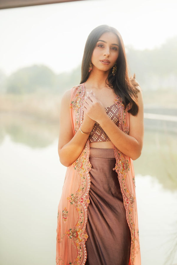 Peach Jacket with Dhoti skirt