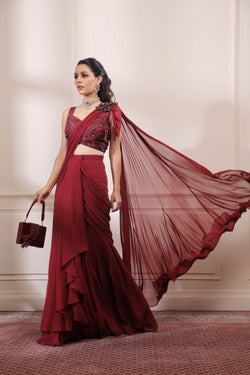 Ruby red draped saree set