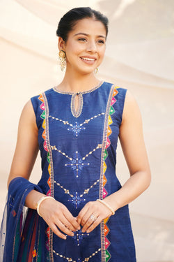 Navy Blue Suit with Phulkari color tones