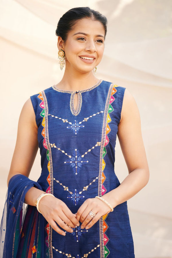 Navy Blue Suit with Phulkari color tones