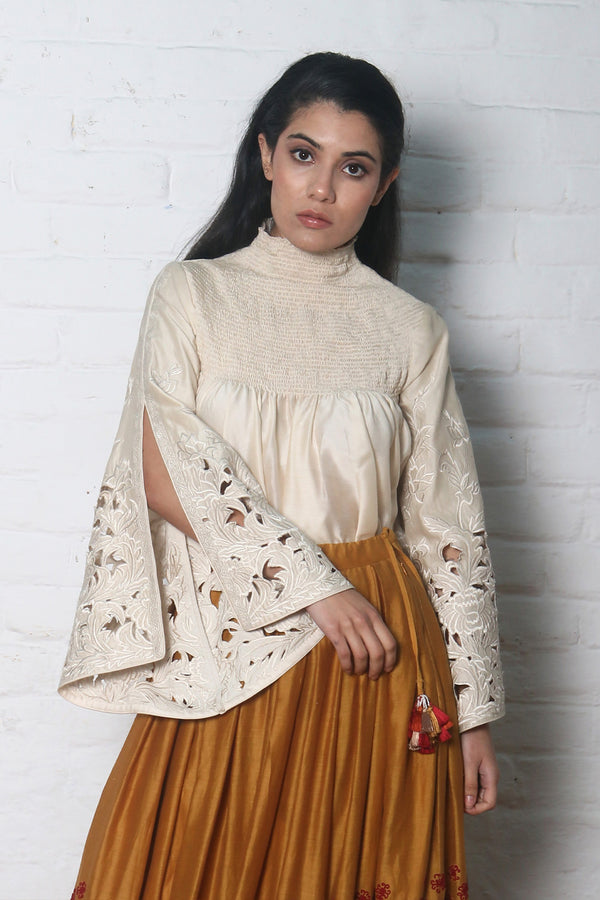 IVORY CHANDERI SMOCKED CUTWORK TOP