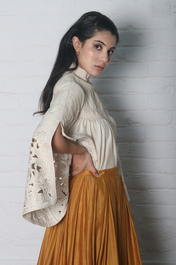 IVORY CHANDERI SMOCKED CUTWORK TOP