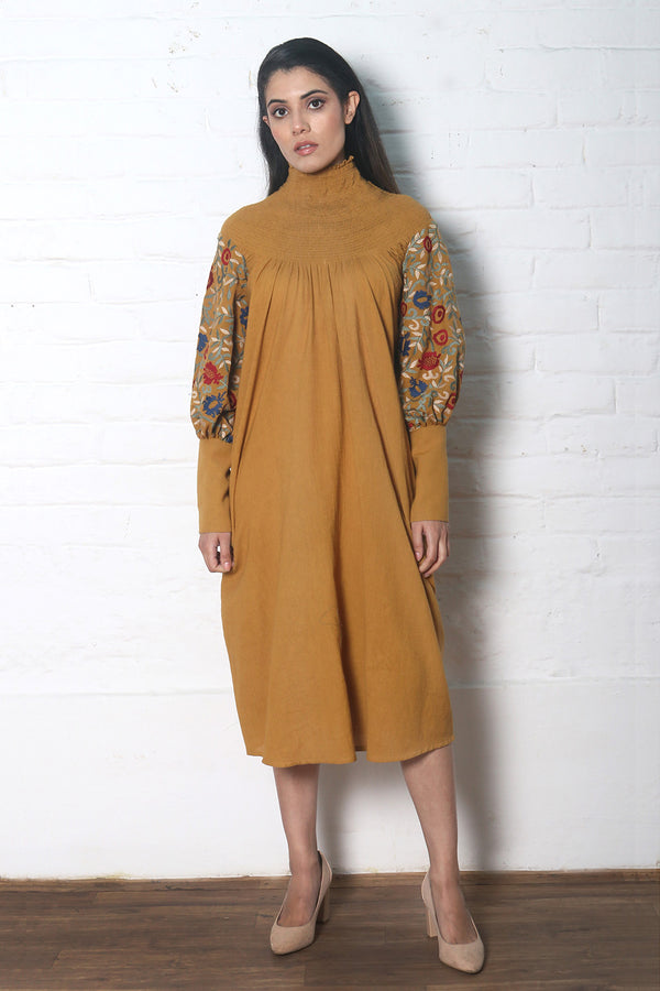 MUSTARD SMOCKED NECK DRESS KURTA