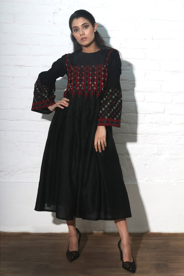 Black Chanderi Pleated Dress