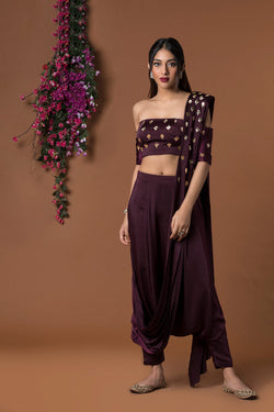 Wine Crop Top With Low Crotch Dhoti Sari