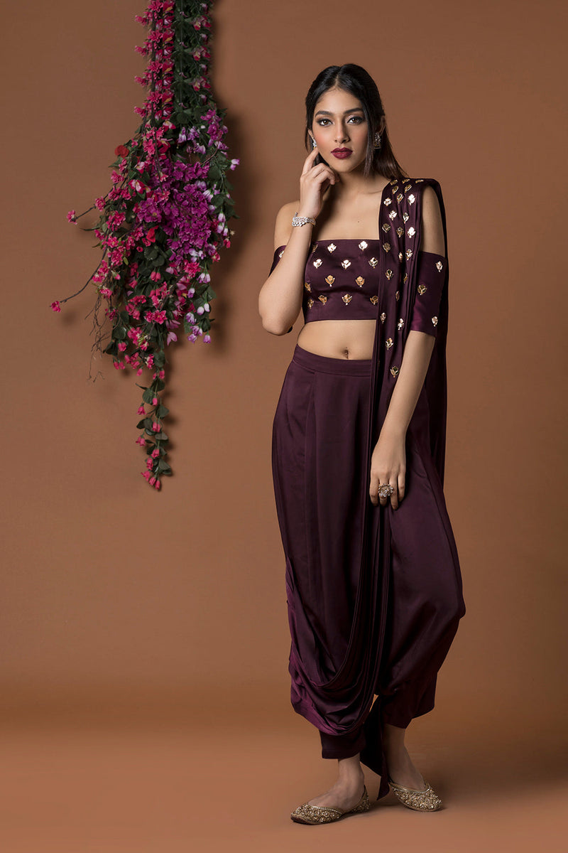 Wine Crop Top With Low Crotch Dhoti Sari