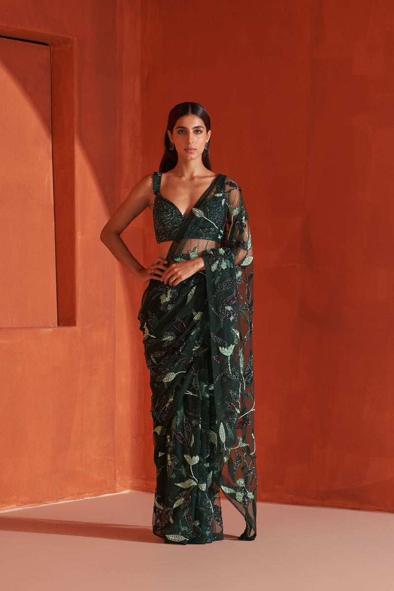 Hunter Green Net Saree