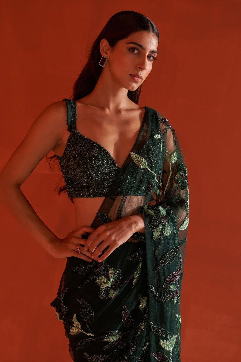 Hunter Green Net Saree