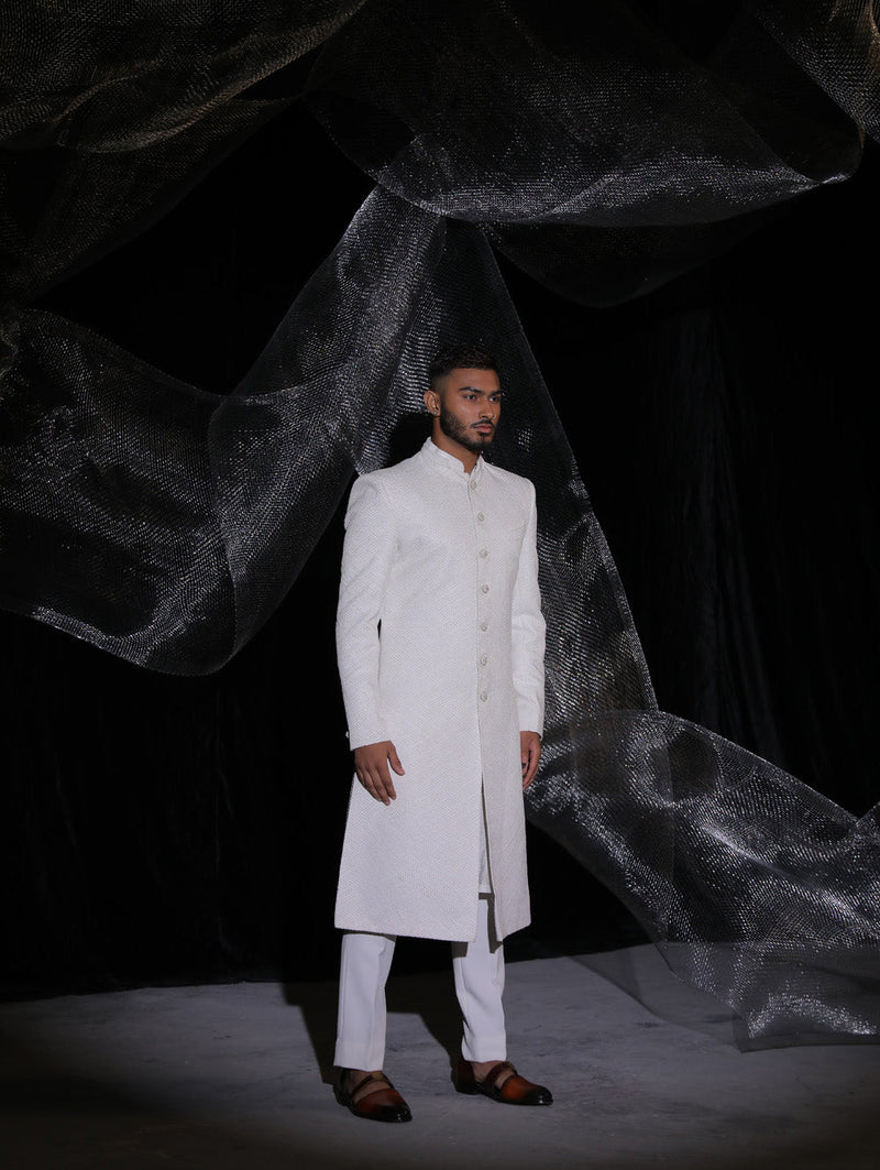 Pearl White Sherwani With Hand Embroidery On Dupatta