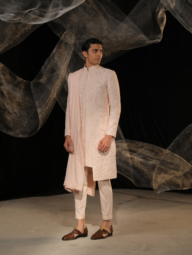 Crape Layerd Sherwani With Ai Designed Bead And Resham Work