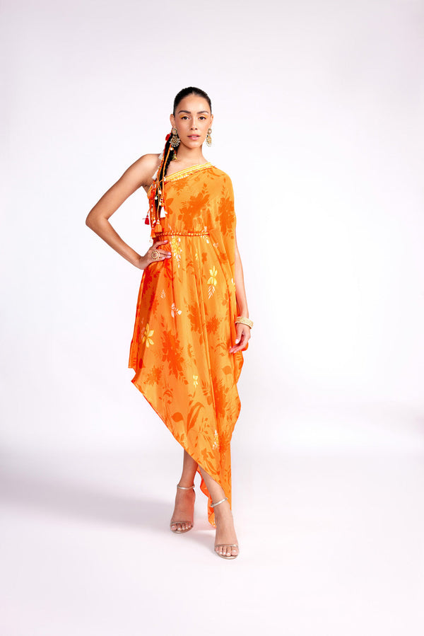 Tangerine Orange One Shoulder Kaftan Dress