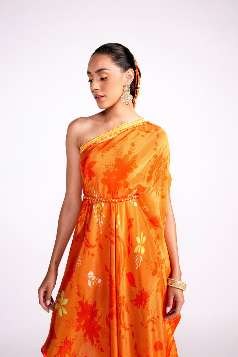 Tangerine Orange One Shoulder Kaftan Dress