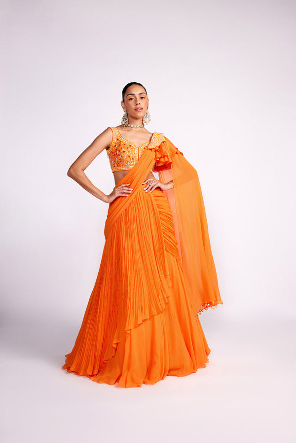 Tangerine Orange Embroidered Drape Saree Set