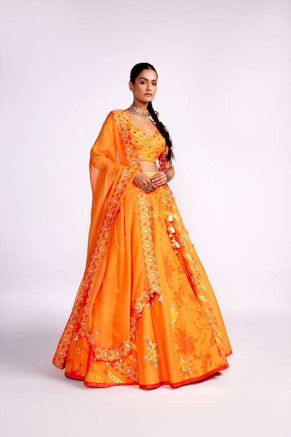 Tangerine Orange Printed And Embroidered Silk Lehenga Set