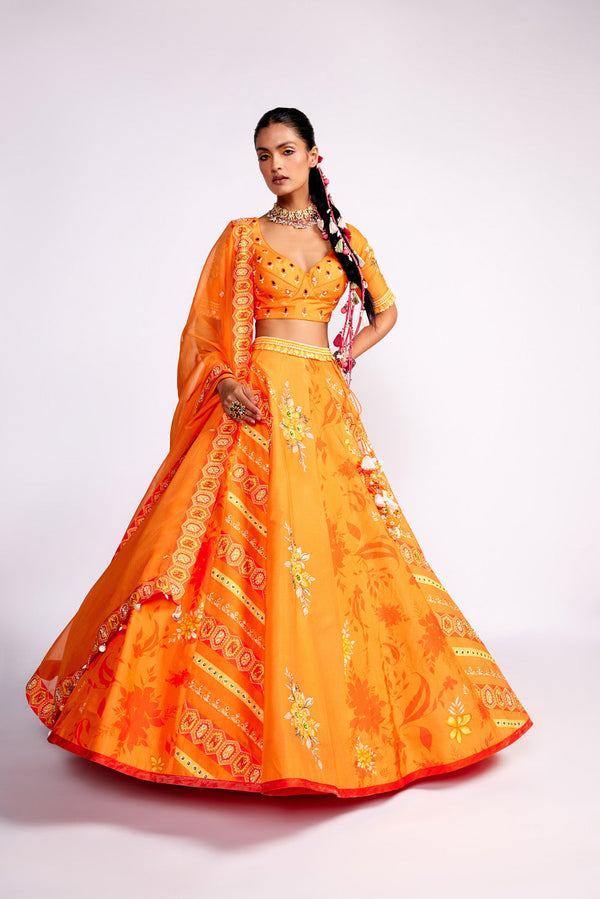 Tangerine Orange Printed And Embroidered Silk Lehenga Set