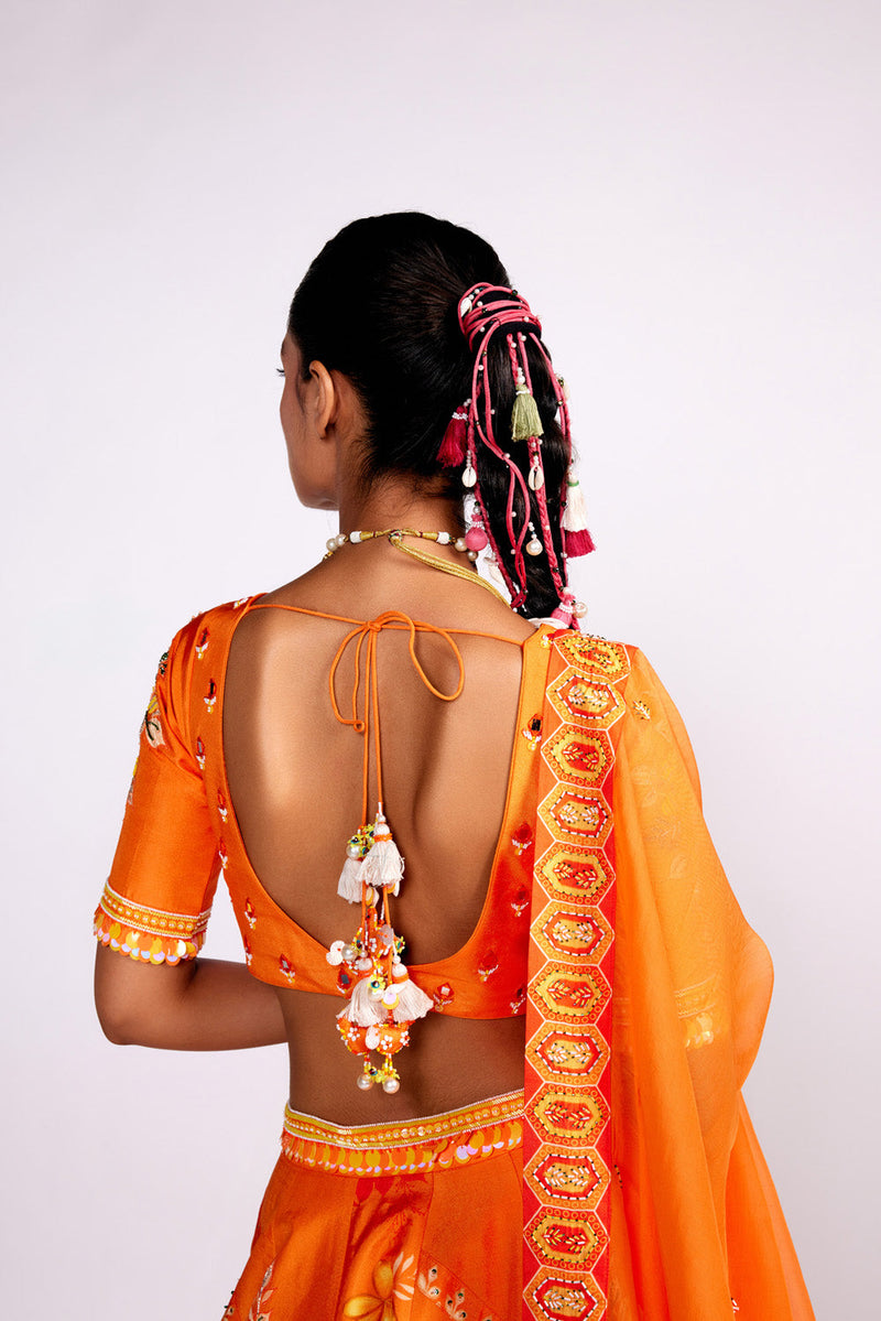 Tangerine Orange Printed And Embroidered Silk Lehenga Set