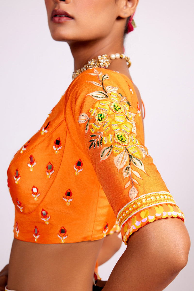 Tangerine Orange Printed And Embroidered Silk Lehenga Set