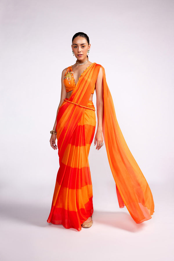 Tangerine Orange Color Block Pre Drape Saree Set