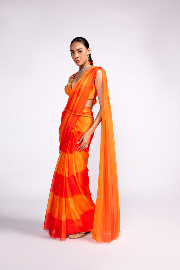 Tangerine Orange Color Block Pre Drape Saree Set