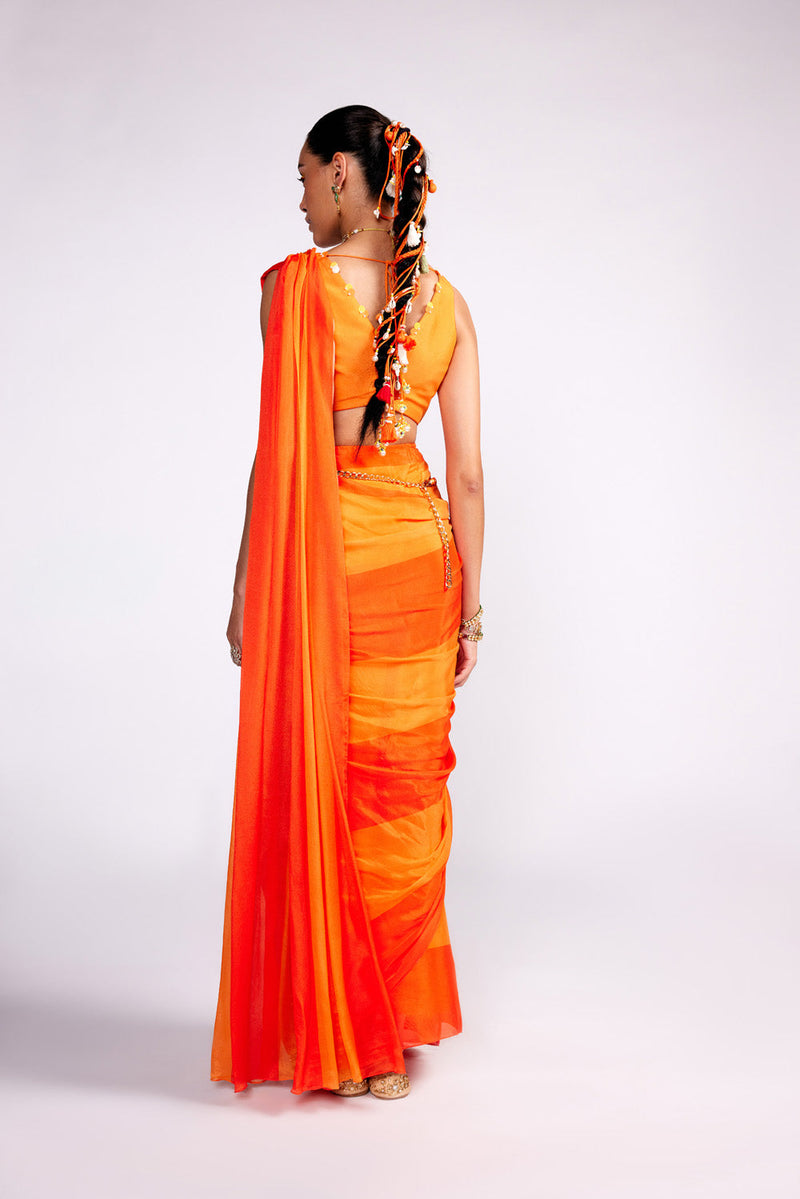 Tangerine Orange Color Block Pre Drape Saree Set