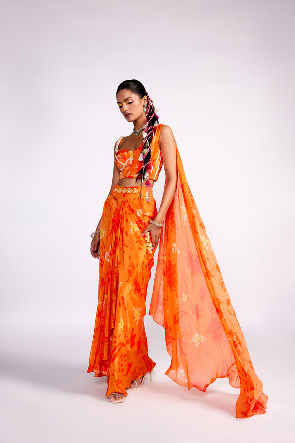 Tangerine Orange Drape Skirt Set