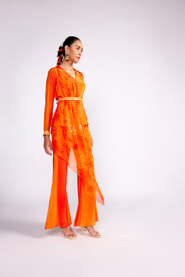 Tangerine Orange Color Block Pant Set