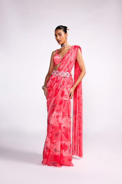 Watermelon Pink Pre Drape Saree Set