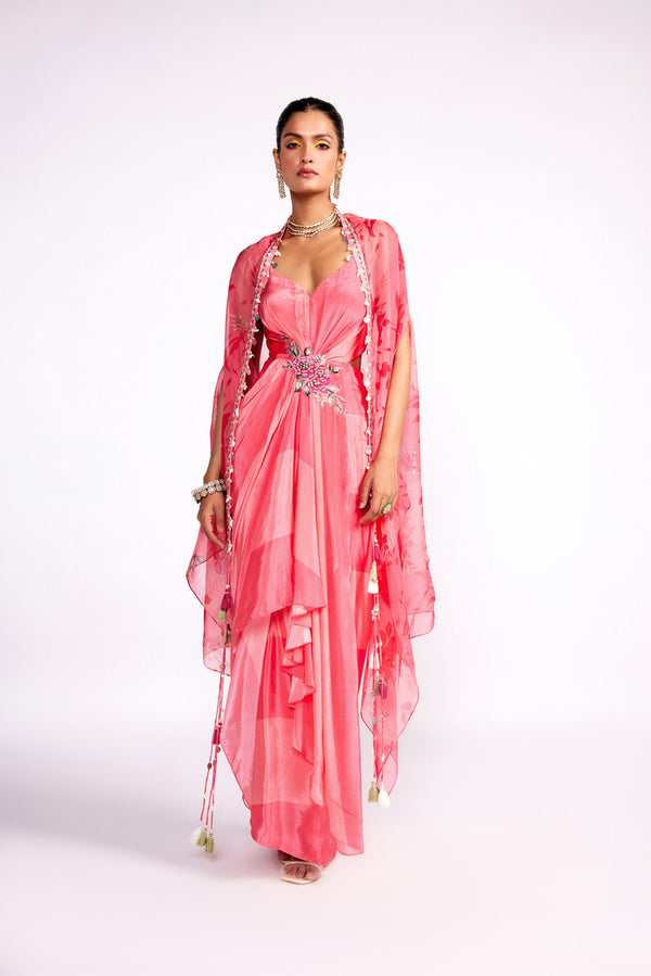 Watermelon Pink Drape Dress With Cape Set