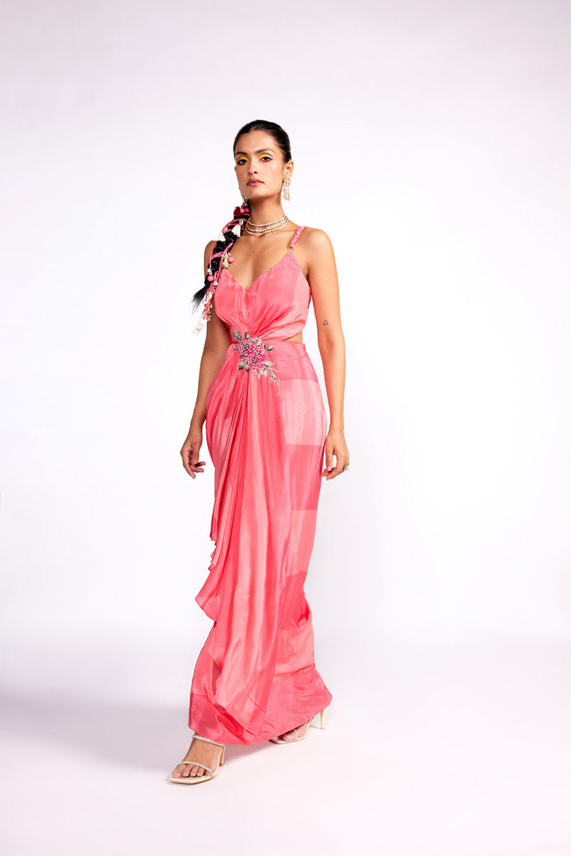 Watermelon Pink Drape Dress With Cape Set