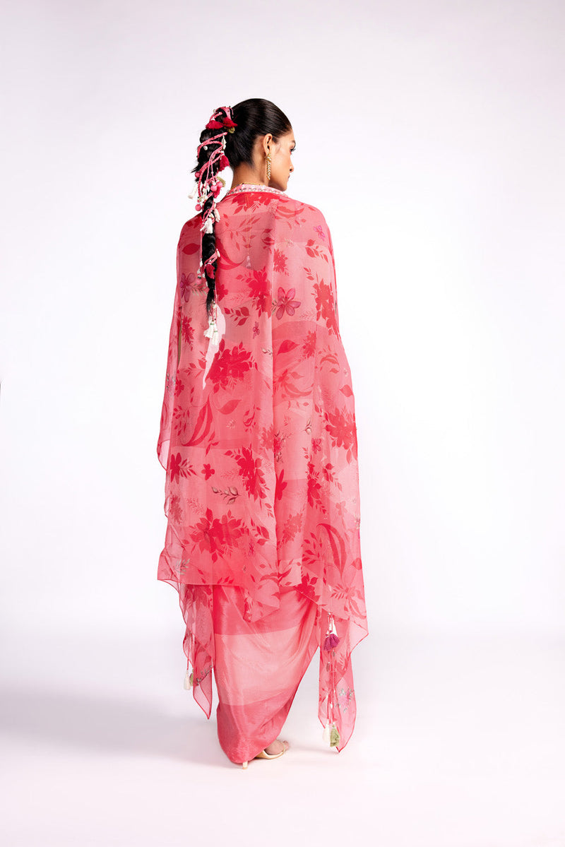 Watermelon Pink Drape Dress With Cape Set